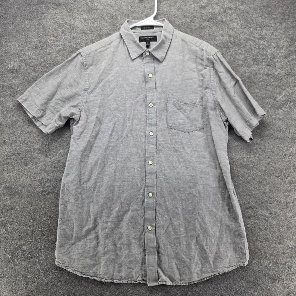 Banana Republic Shirt Mens L Gray Short Sleeve Button Up Slim Fit Linen Cotton